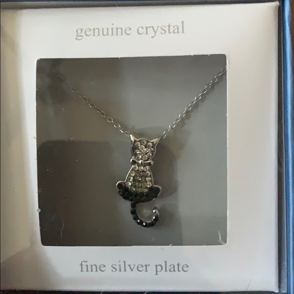 Cat necklace genuine crystal/fine silver plate NWT - Picture 2 of 3